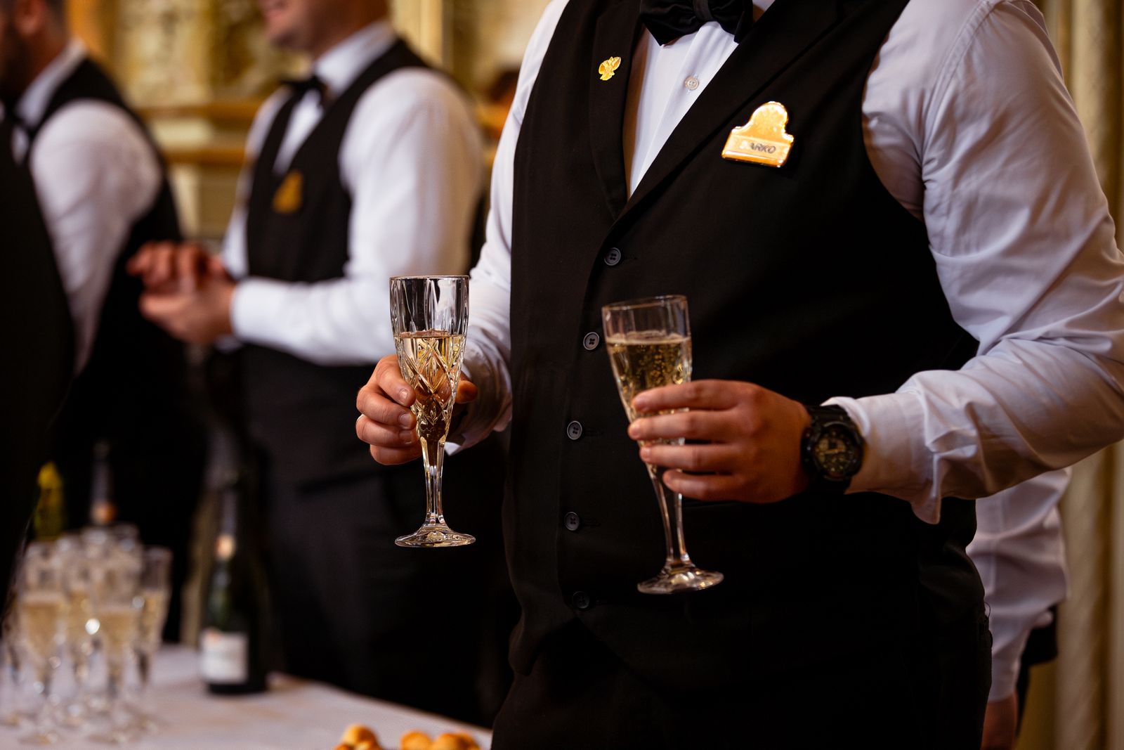 Staff welcome guests on the Danube Express with champagne