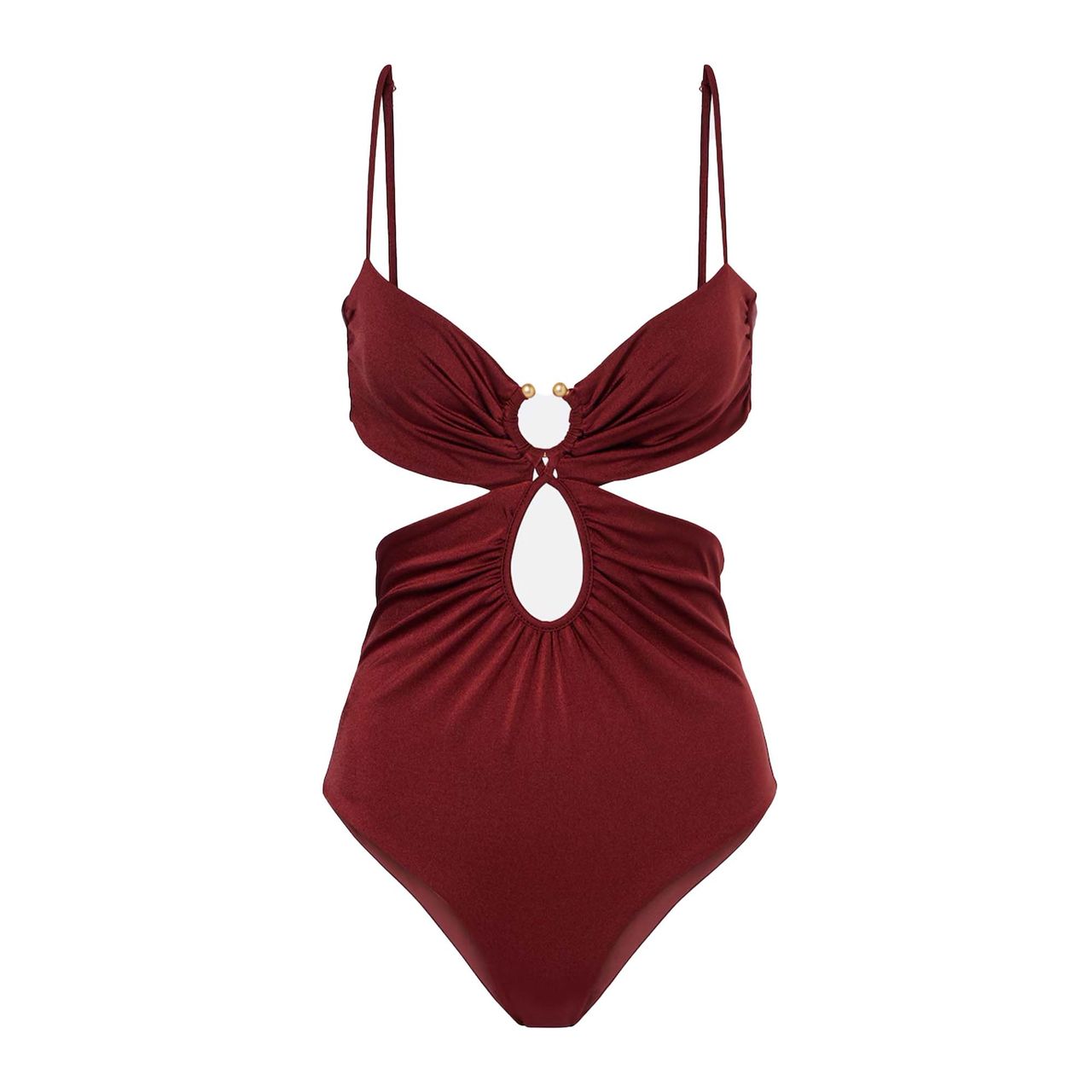 Image may contain: Clothing, Swimwear, Bikini, Accessories, and Maroon
